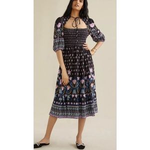 Anthropologie Dasha Smocked Midi Dress Floral Black Size Medium